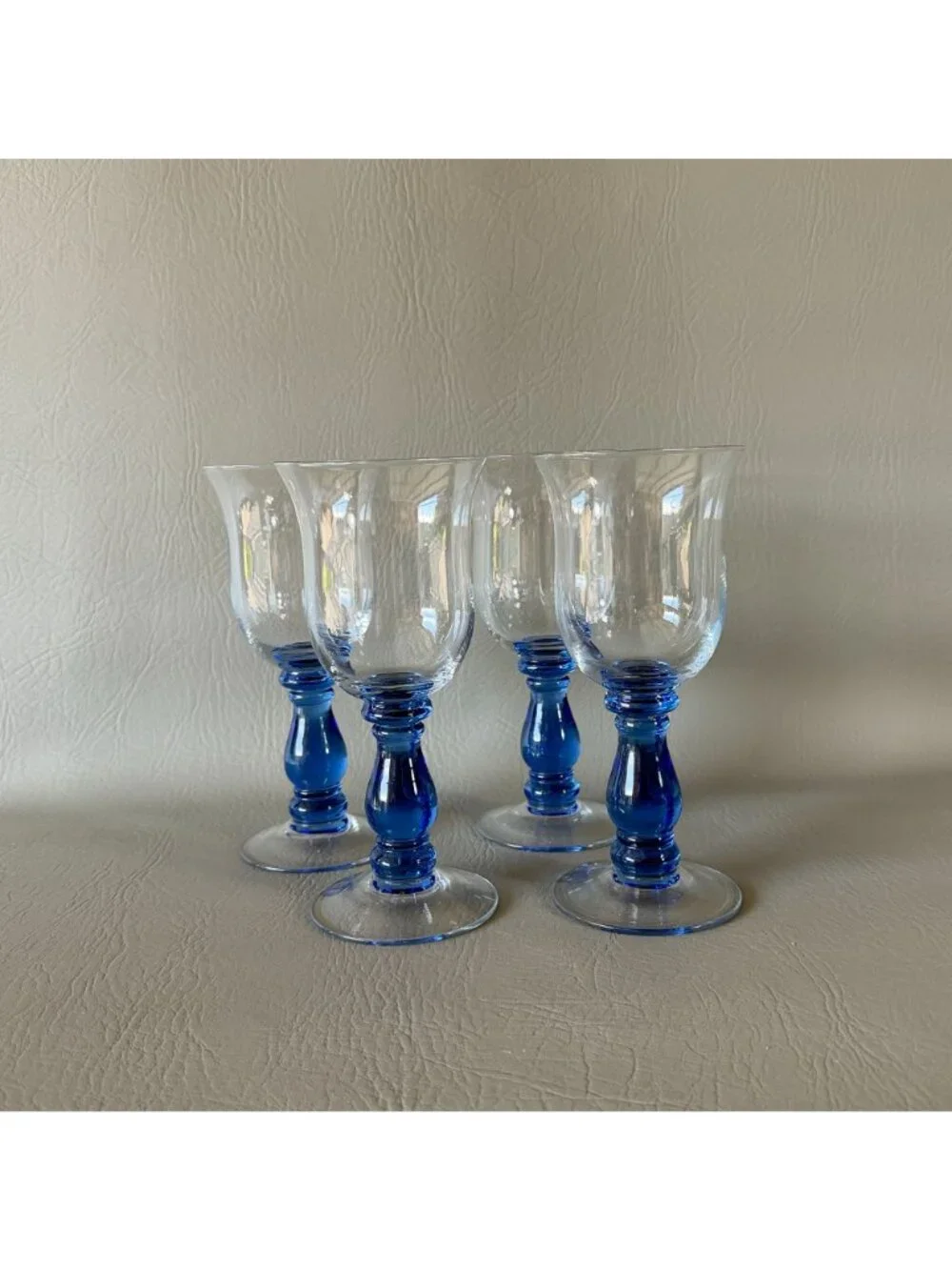 Vintage Royal Blue Stem Wine Glasses Water Goblets Tulip Clear Bowl Set of 4